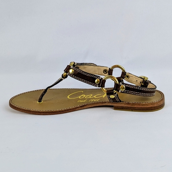 Coach Raiven Sandal Leather Flat Thong Ankle Strap Goldtone Tobacco 8.5 NWOB - Picture 5 of 14